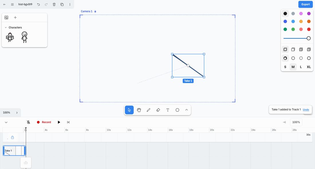 Version 2: one toolbar on the canvas, a labelled Record button and take labels on drawings